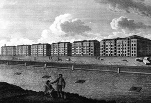 Een uitzicht op de pakhuizen en West-Indische dok, 1803 door English School